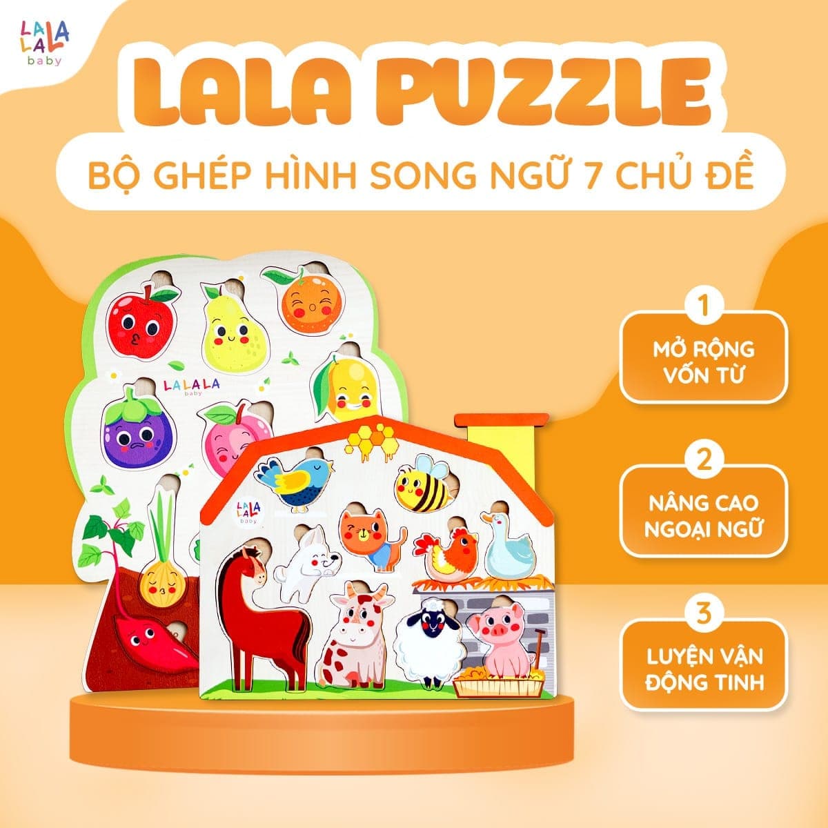 Bảng núm gỗ song ngữ — chữ cái, động vật, hoa quả — ảnh 2